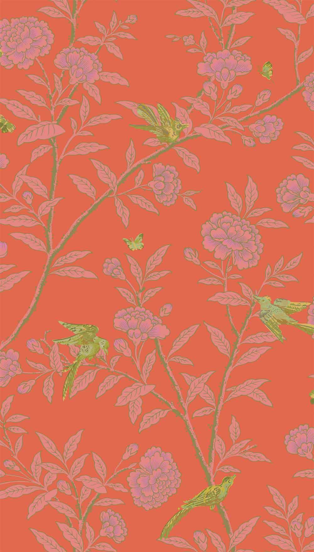 Roseberry With Birds Vermillion Wallpaper
