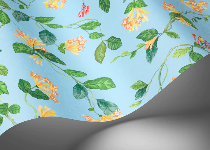 Flora Buttercup Yellow on Cornflower Blue Wallpaper