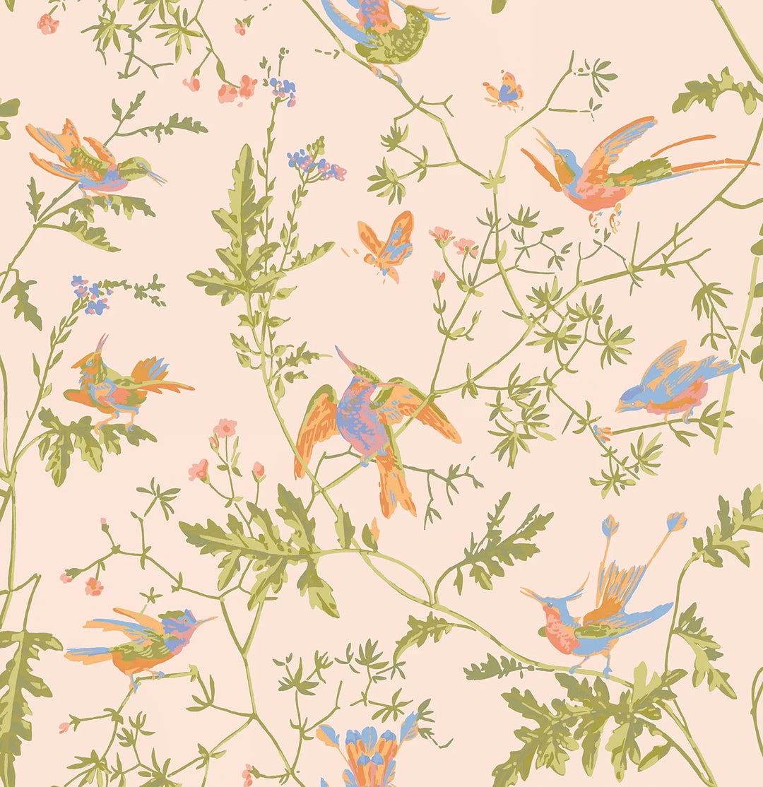 Hummingbirds Tangerine & Olive on Blush Wallpaper