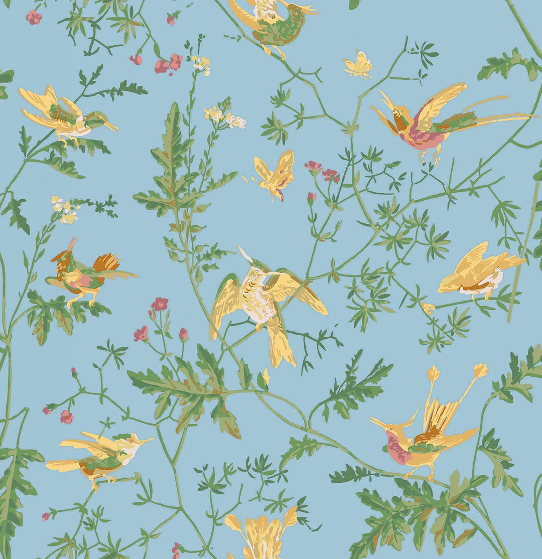 Hummingbirds Buttercup Yellow on Cornflower Blue Wallpaper