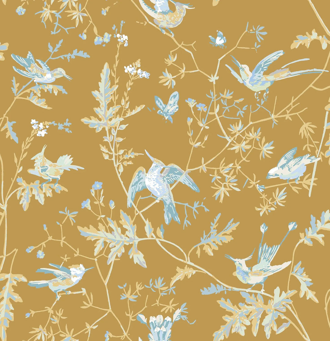 Hummingbirds Ice blue on Metallic Gold Wallpaper