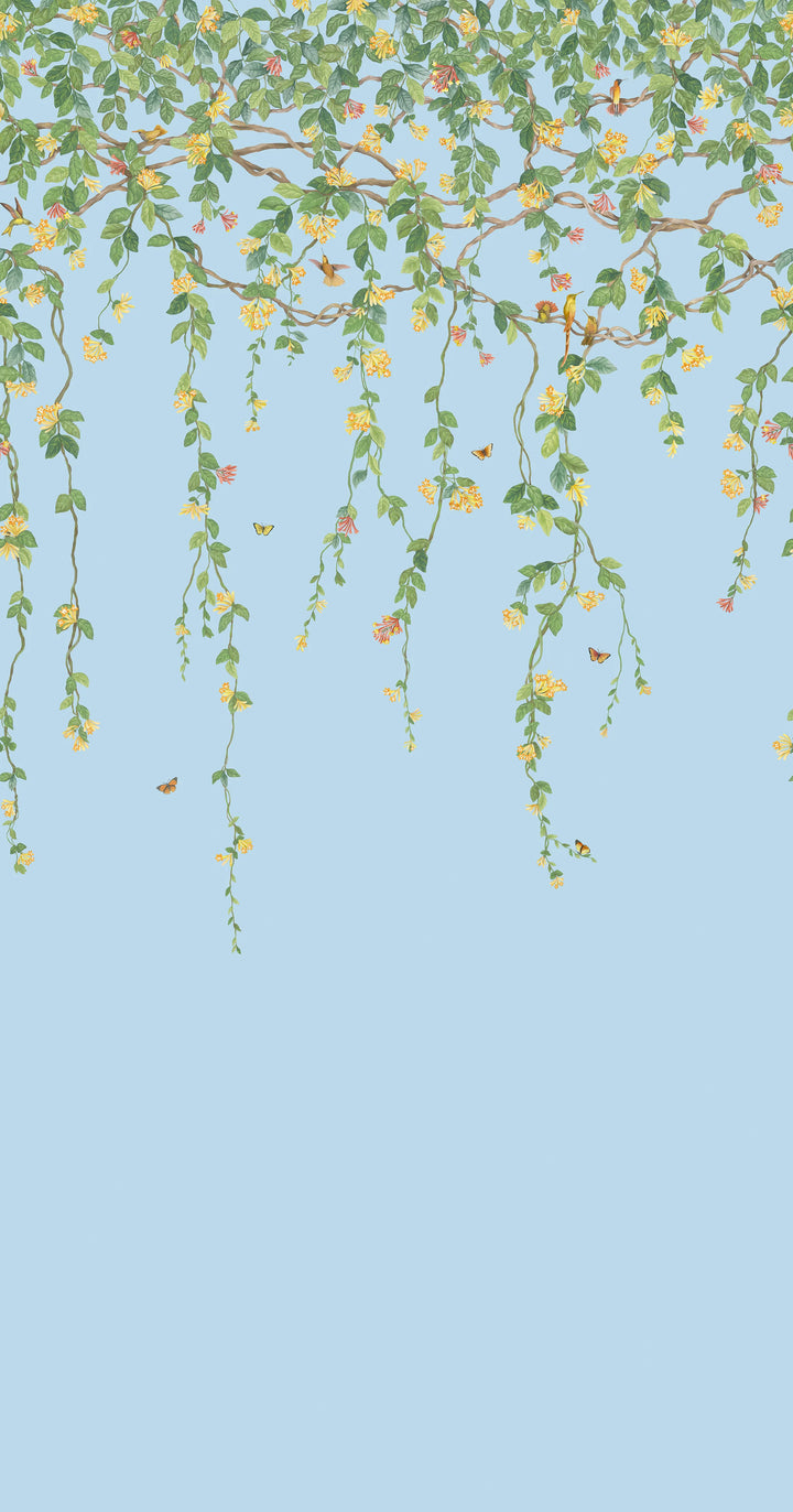 Hummingbirds Flora Buttercup Yellow on Cornflower Blue Wallpaper