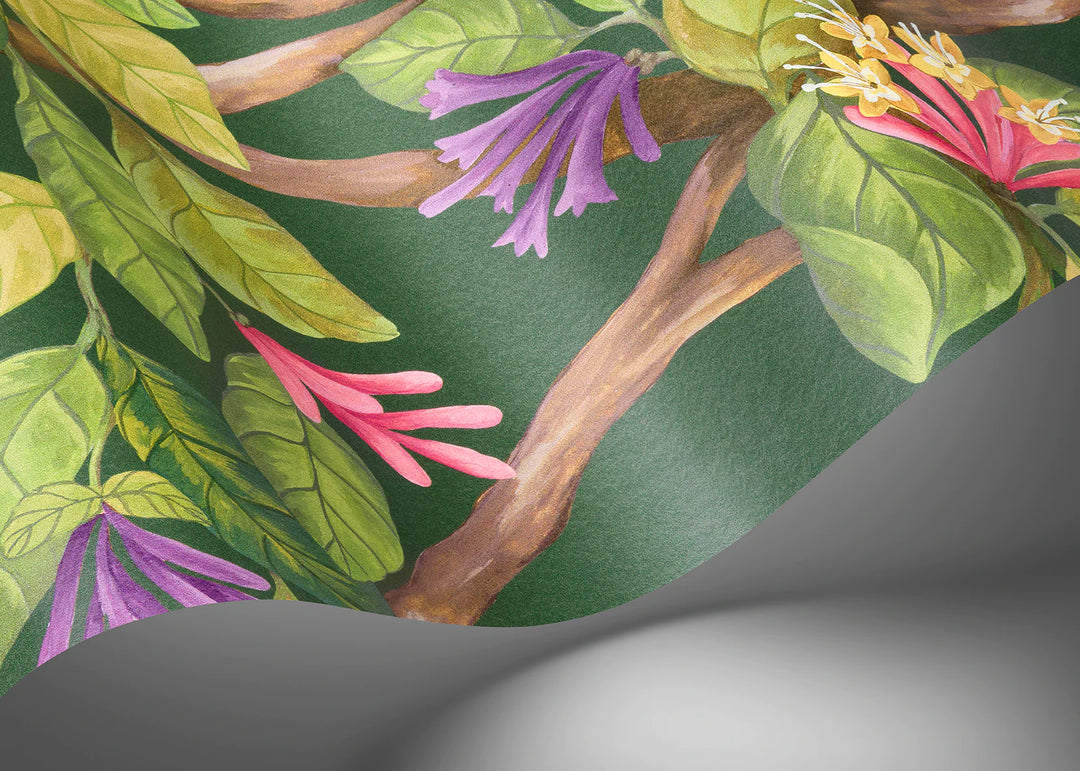 Hummingbirds Flora Fuchsia on Racing Green Wallpaper