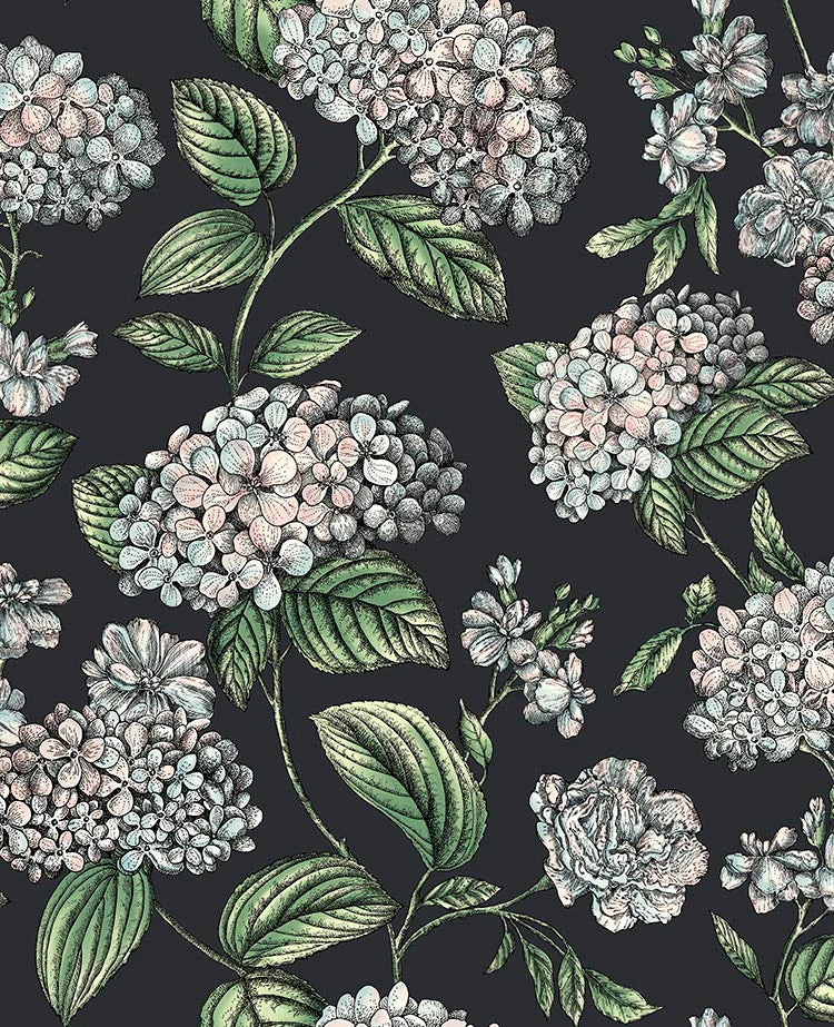 Cole & Son Ramo di Ortensia Wallpaper | Pastel on Charcoal | 123/8038