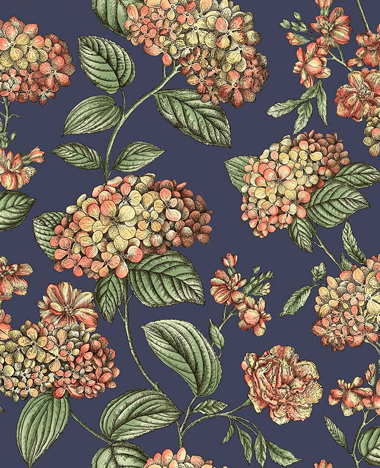 Cole & Son Ramo di Ortensia Wallpaper | Coral on Dark Blue | 123/8040