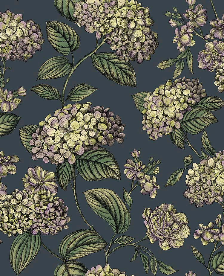 Cole & Son Ramo di Ortensia Wallpaper | Lime & Purple on Ink | 123/8042