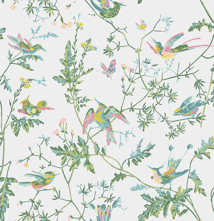 Hummingbirds Green on Pink Wallpaper