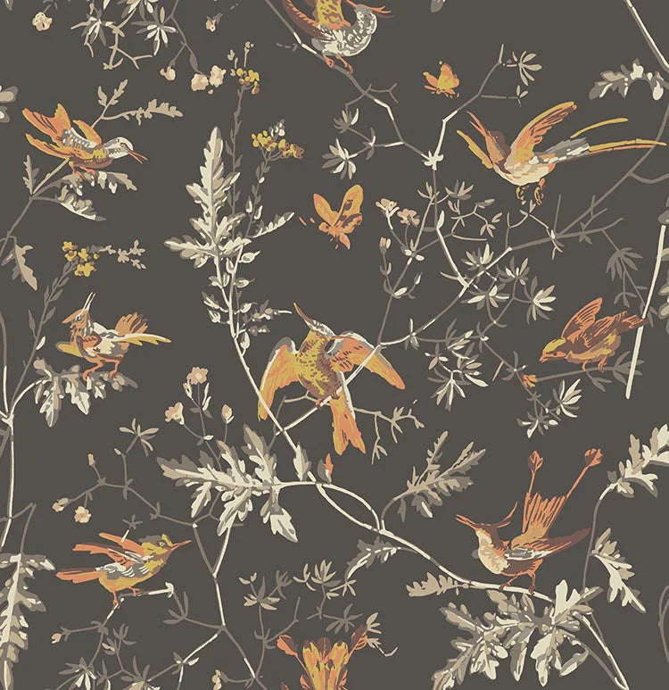 Hummingbirds Charcoal on Ginger Wallpaper