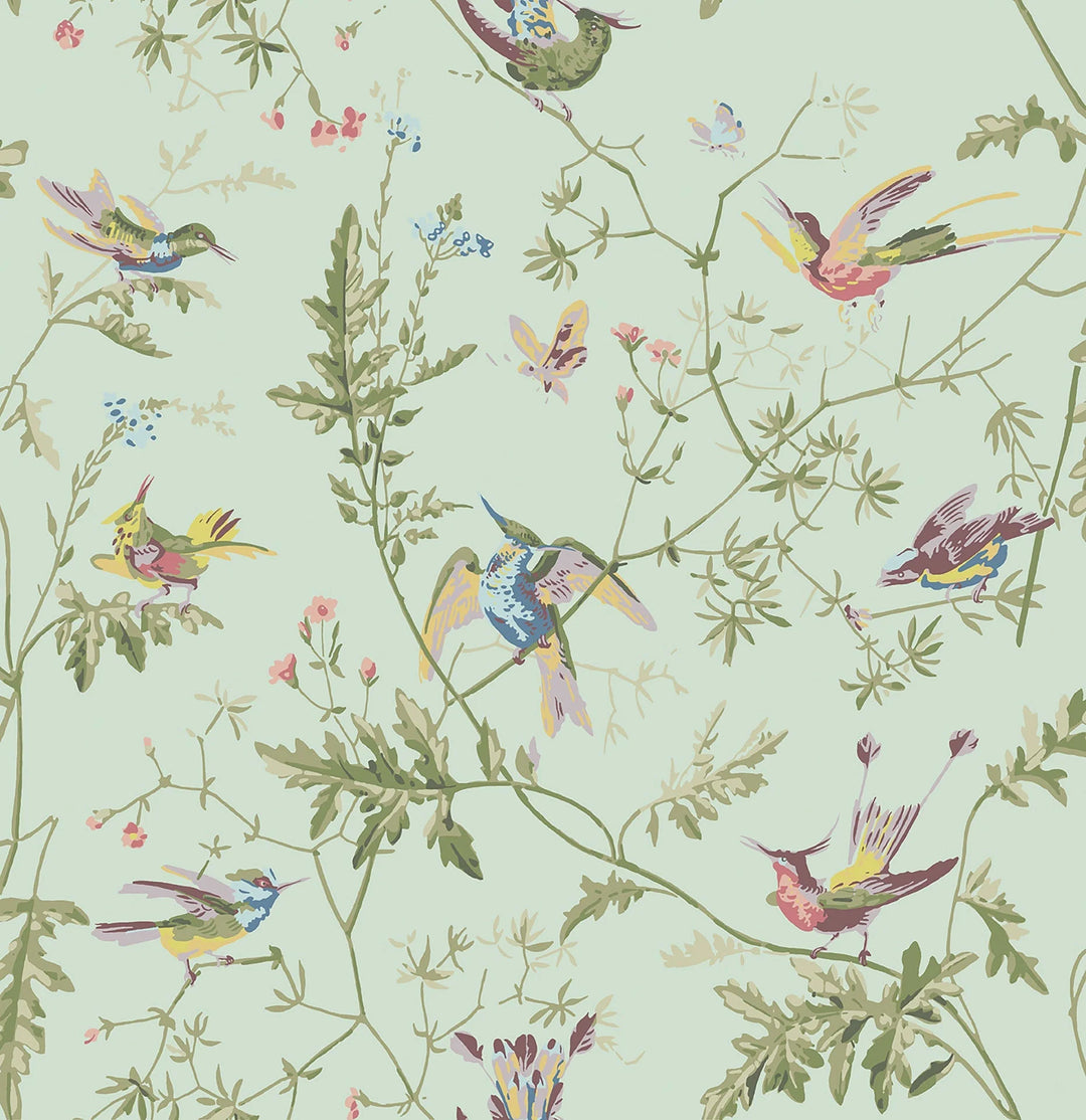Hummingbirds Multi, Old Olive on Duck Egg Wallpaper