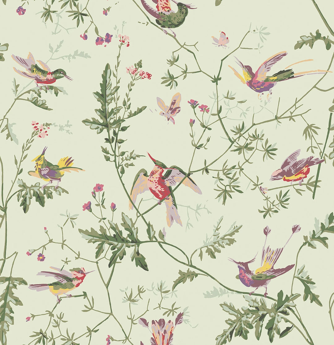 Hummingbirds Multi, Old Olive on Duck Egg Mica Wallpaper