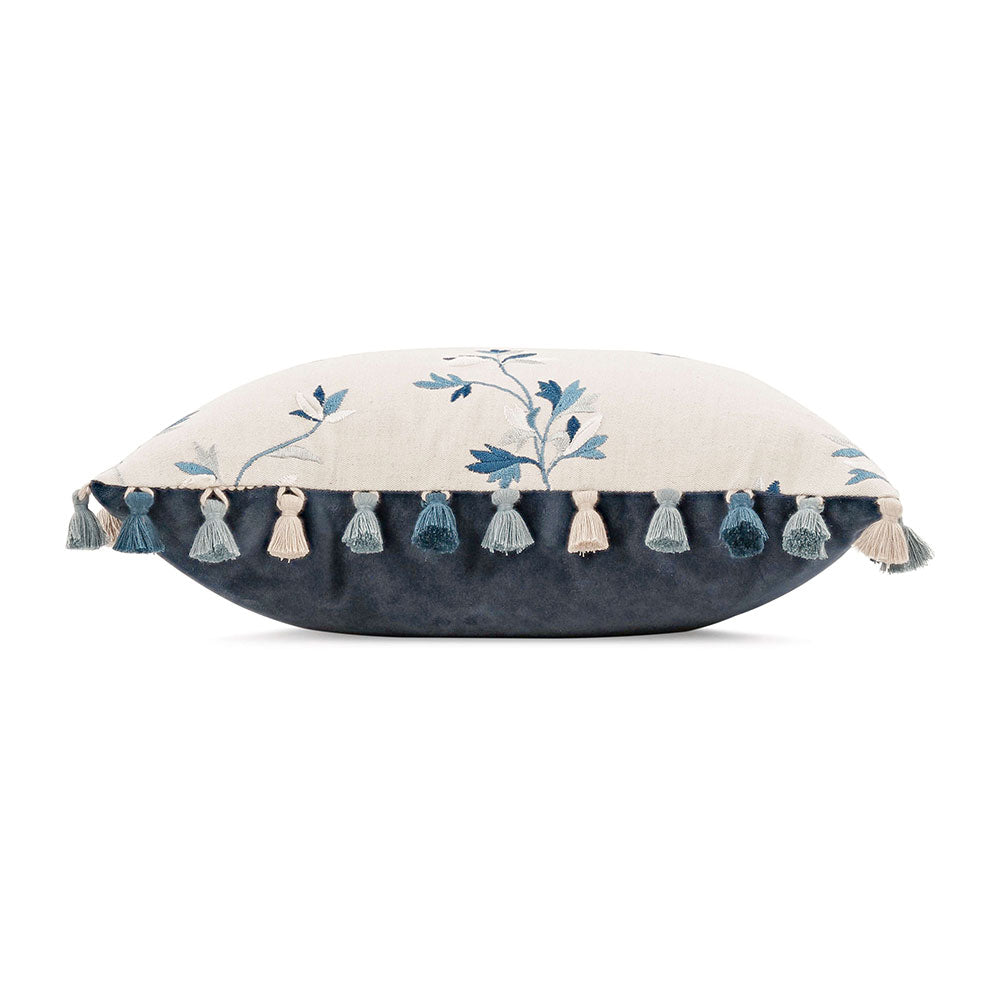 Villa Nova Aurea Cushion | Cornflower | VNC3556/02 | A feature cushion from the Abloom Collection. Cushion Displayed on its side to highlight the front and back prints & plain with edging tassel trim.
