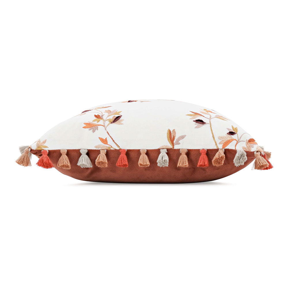 Villa Nova Aurea Cushion | Saffron | VNC3556/04 | A feature cushion from the Abloom Collection. Cushion Displayed on its side to highlight the front and back prints & plain with edging tassel trim.