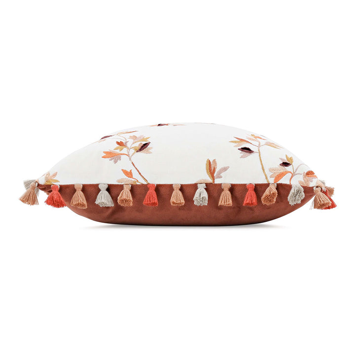 Villa Nova Aurea Cushion | Saffron | VNC3556/04 | A feature cushion from the Abloom Collection. Cushion Displayed on its side to highlight the front and back prints & plain with edging tassel trim.