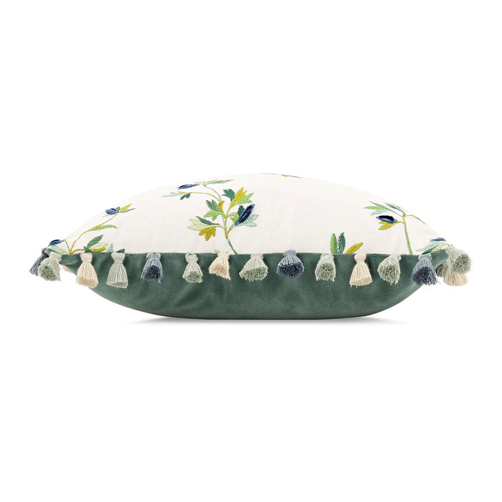 Villa Nova Aurea Cushion | Eden | VNC3556/05 | A feature cushion from the Abloom Collection. Cushion Displayed on its side to highlight the front and back prints & plain with edging tassel trim.