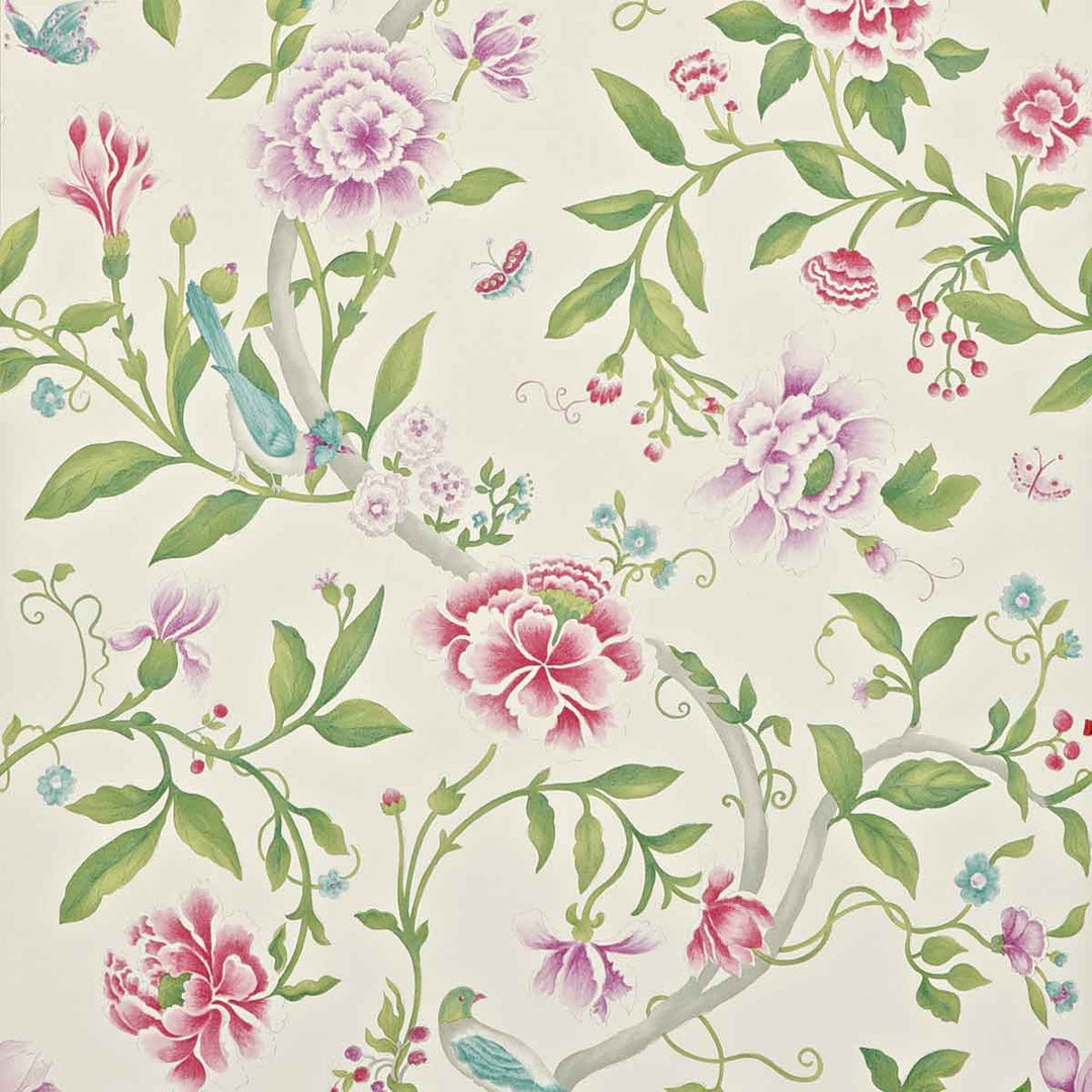 Porcelain Garden Magenta & Leaf Green Wallpaper by Sanderson - DCAVPO106 | Modern 2 Interiors