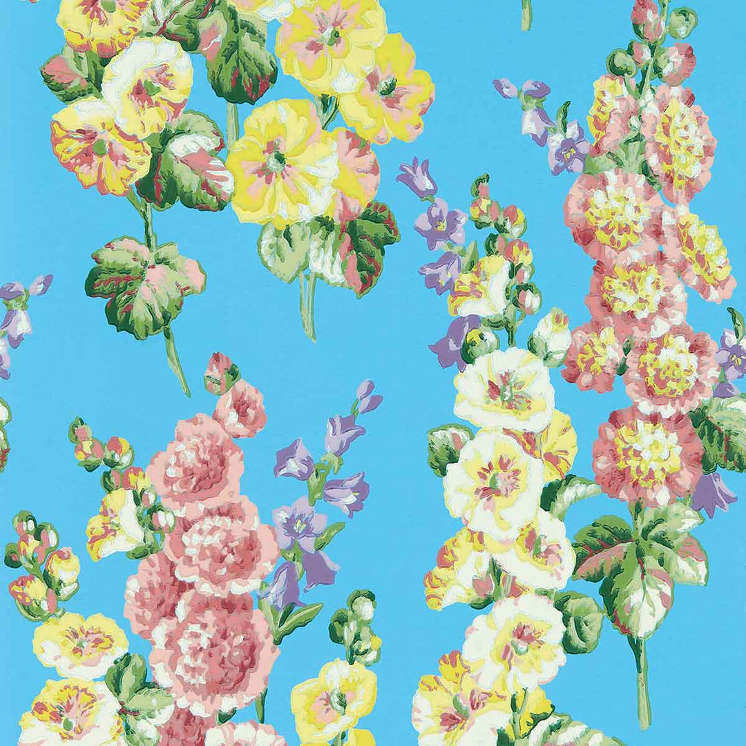Hollyhocks Fire Pink & Bright Blue Wallpaper by Sanderson - DOSW217033 | Modern 2 Interiors