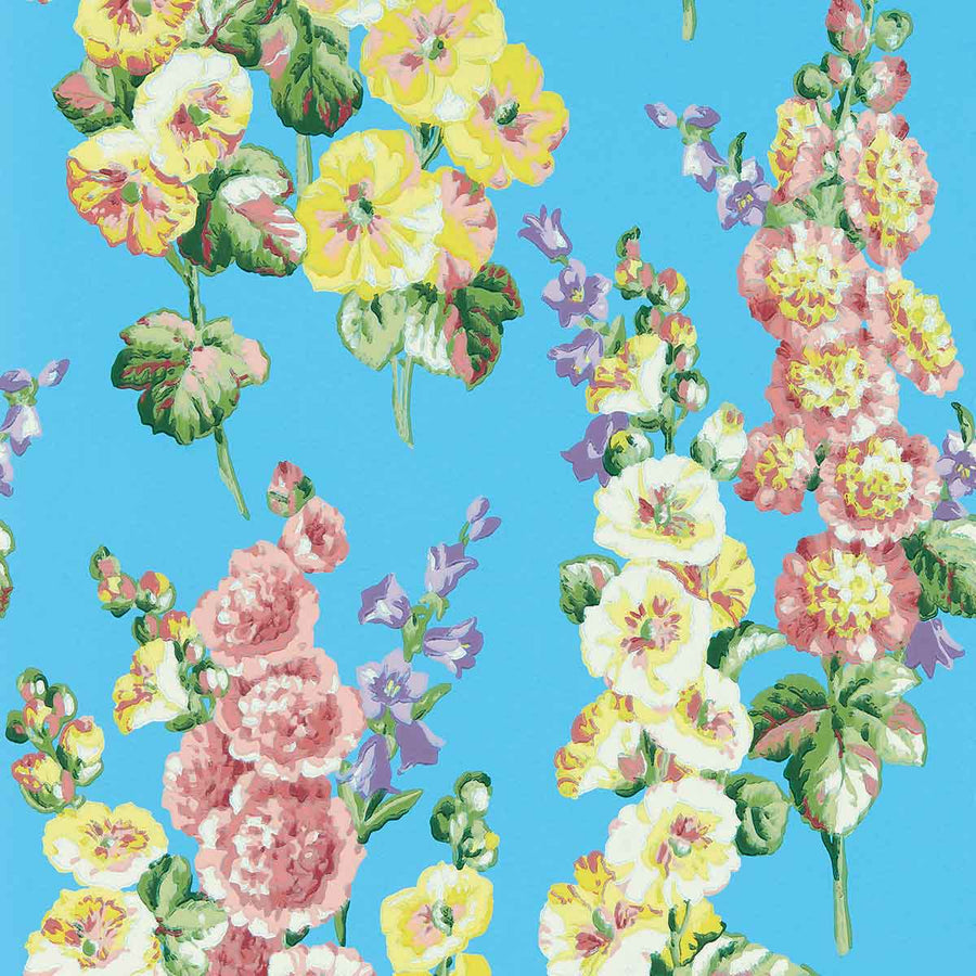Hollyhocks Fire Pink & Bright Blue Wallpaper by Sanderson - DOSW217033 | Modern 2 Interiors