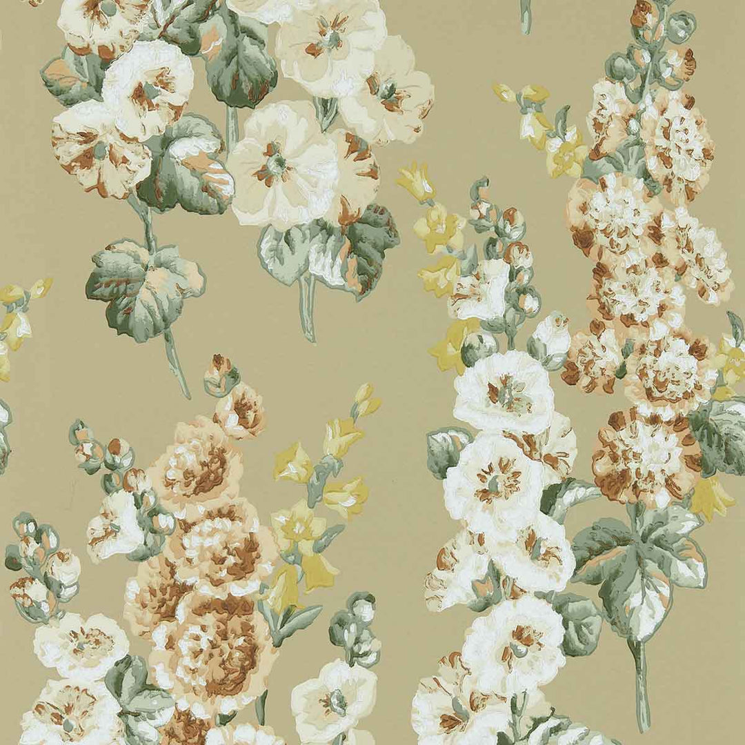 Hollyhocks Gold Metallic & Tan Wallpaper by Sanderson - DOSW217034 | Modern 2 Interiors