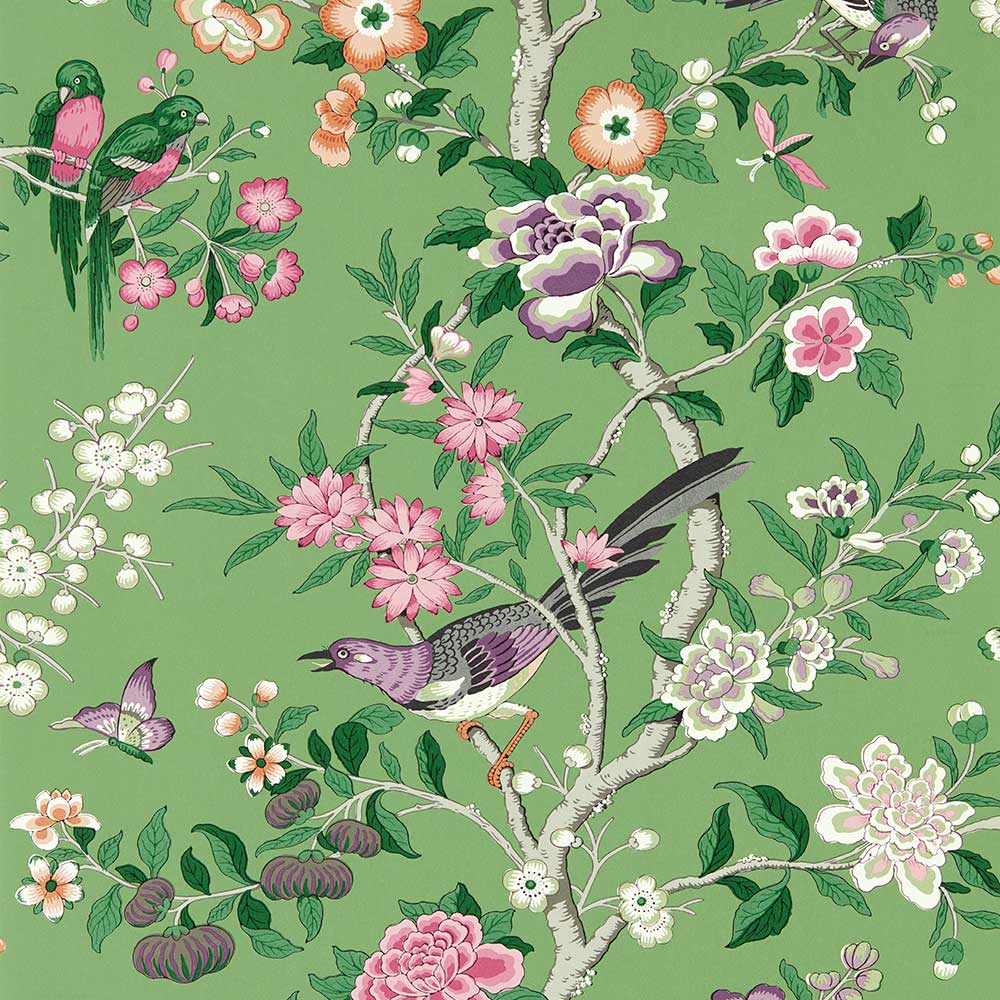 Chinoiserie Hall China Green & lotus Pink Wallpaper by Sanderson - 217110 | Modern 2 Interiors