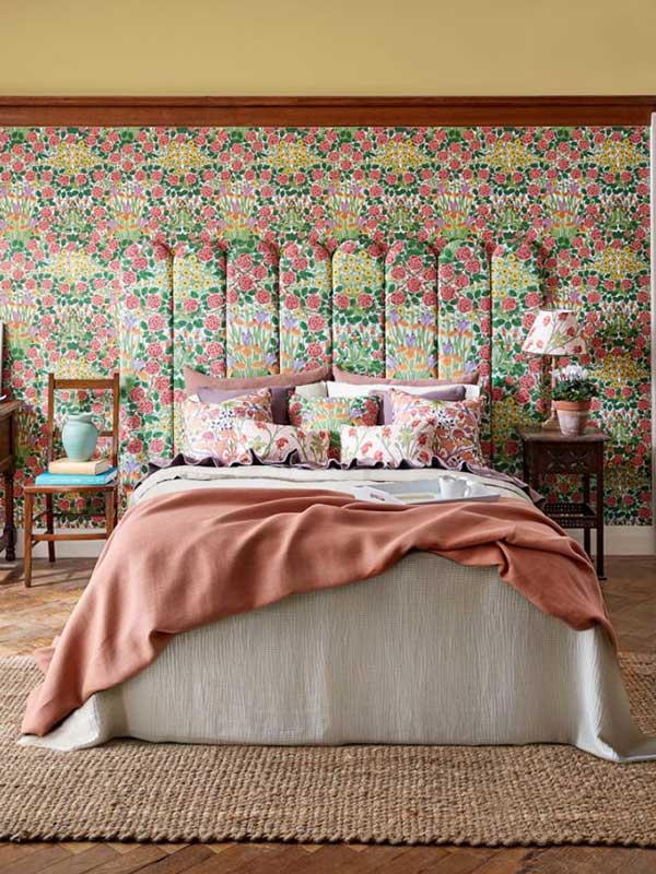Bedford Park Wallpaper Collection by Morris & Co, Features a Botanical Print in a bedroom setting