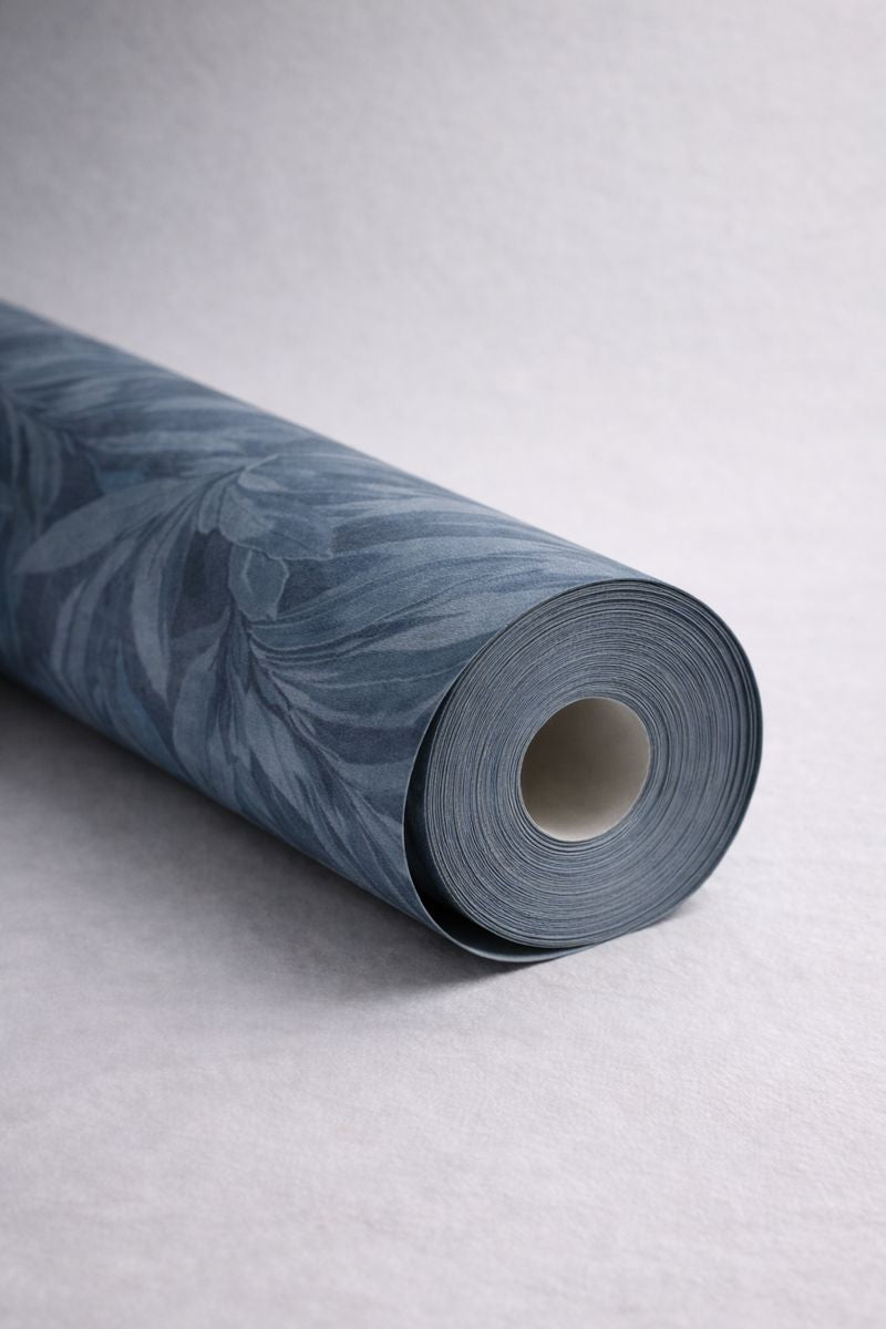 Blue wallpaper roll showing tonal variation and texture