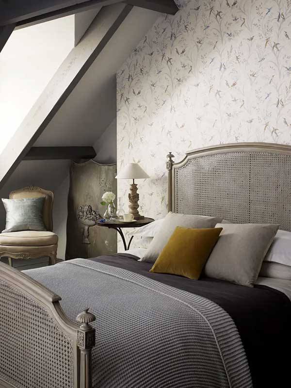 Country Woodland Wallpaper Collection by Sanderson In a bedroom setting