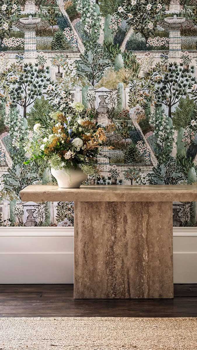 Sanderson wallpaper in a living room setting