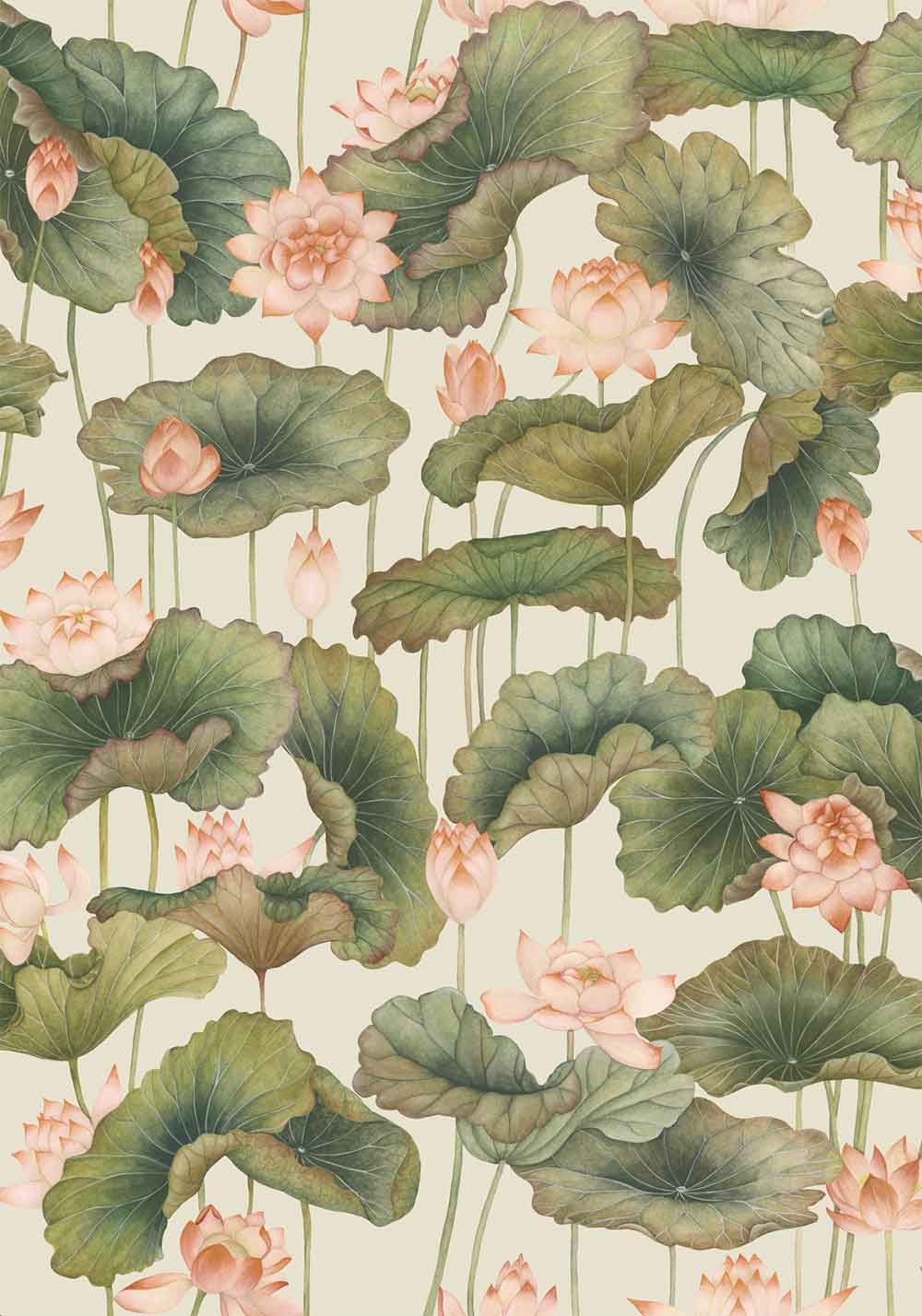 Lily Lotus Orange & Olive Wallpaper