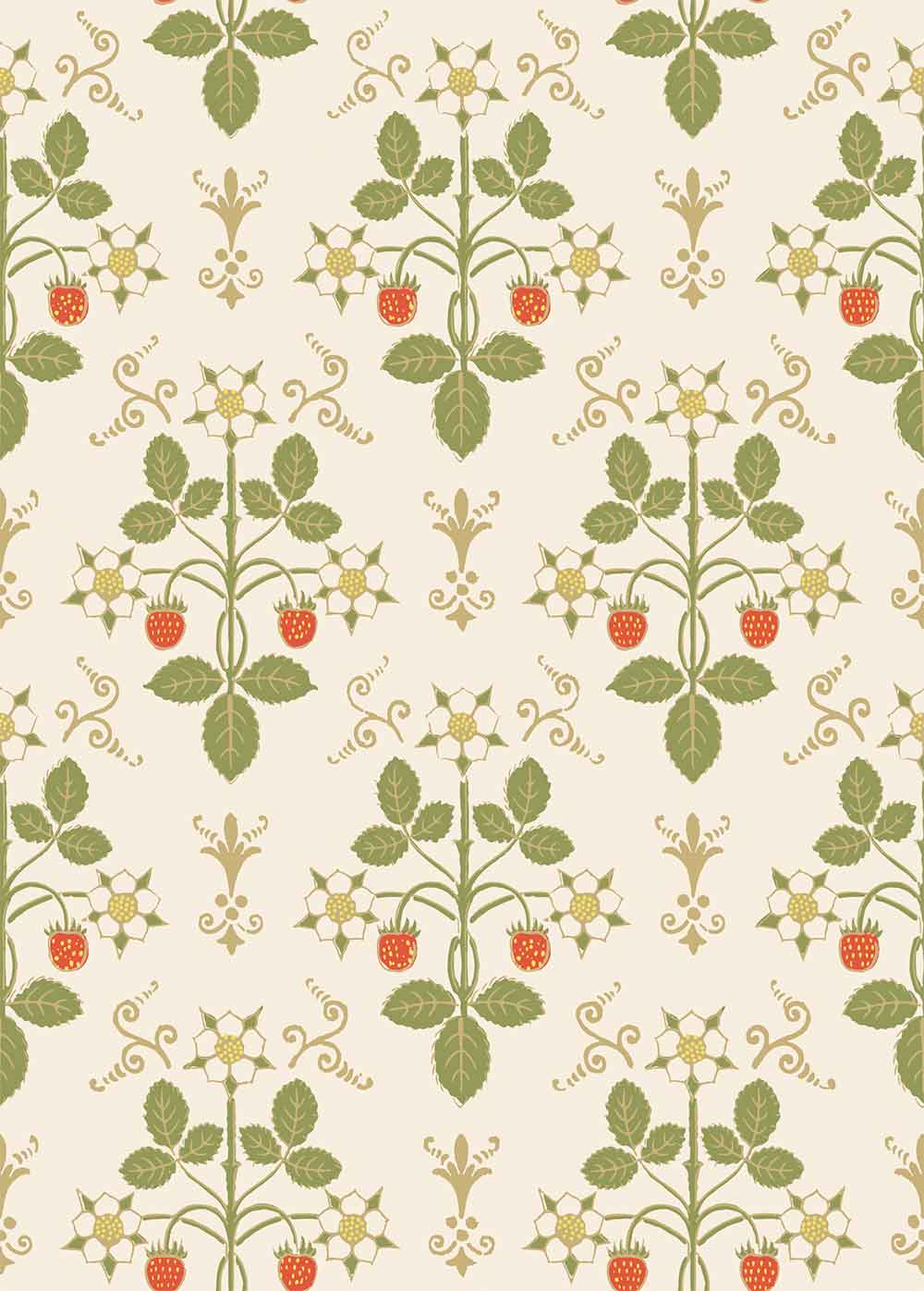 Strawberry Poppy, Spring Green & Metallic Gold on Stone Wallpaper