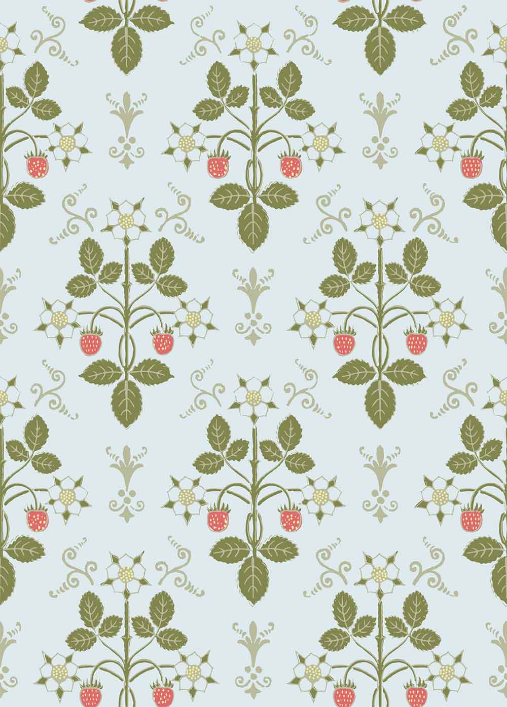 Strawberry Olive on Print Room Blue Wallpaper