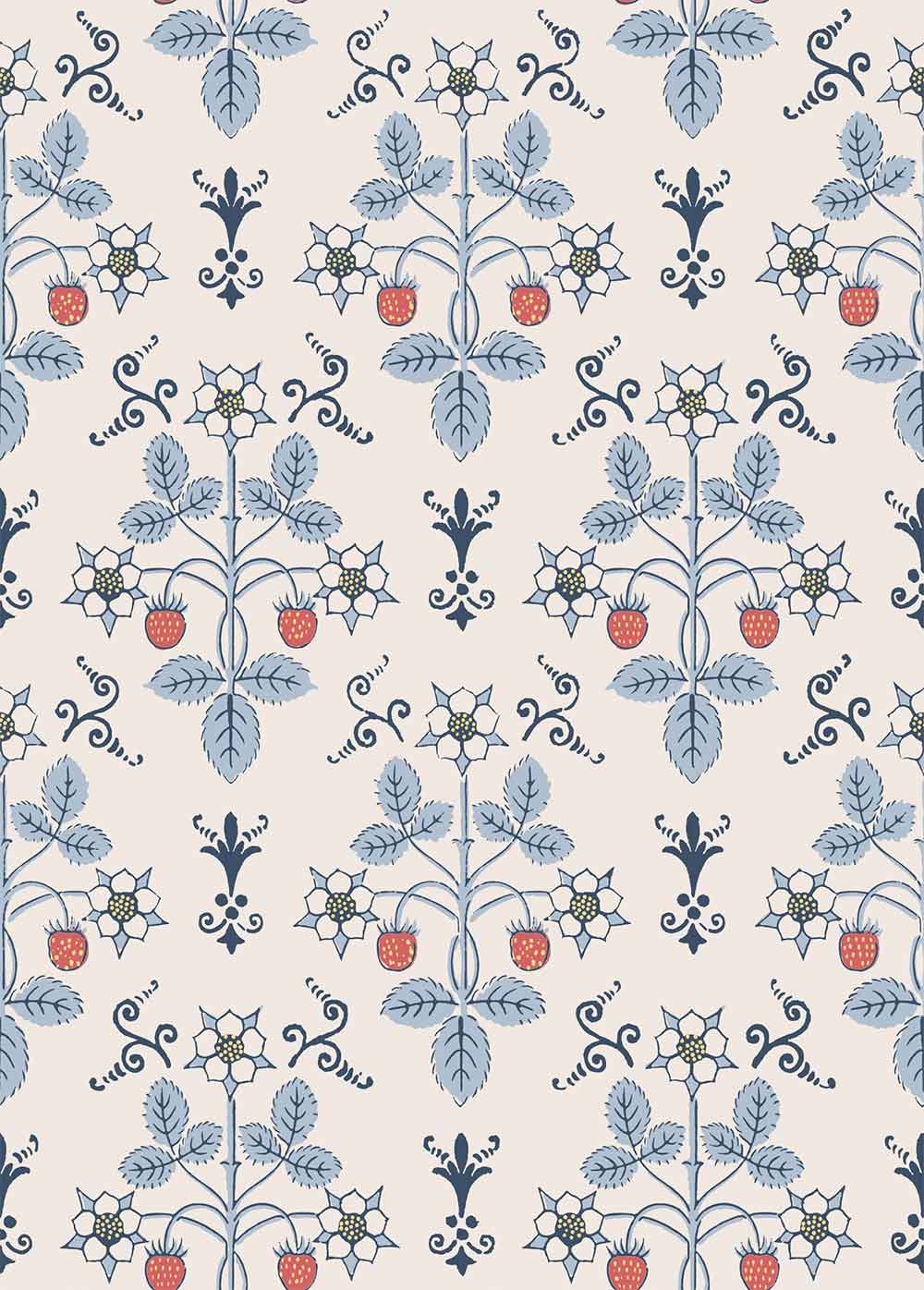 Strawberry China Blue on Cream Wallpaper