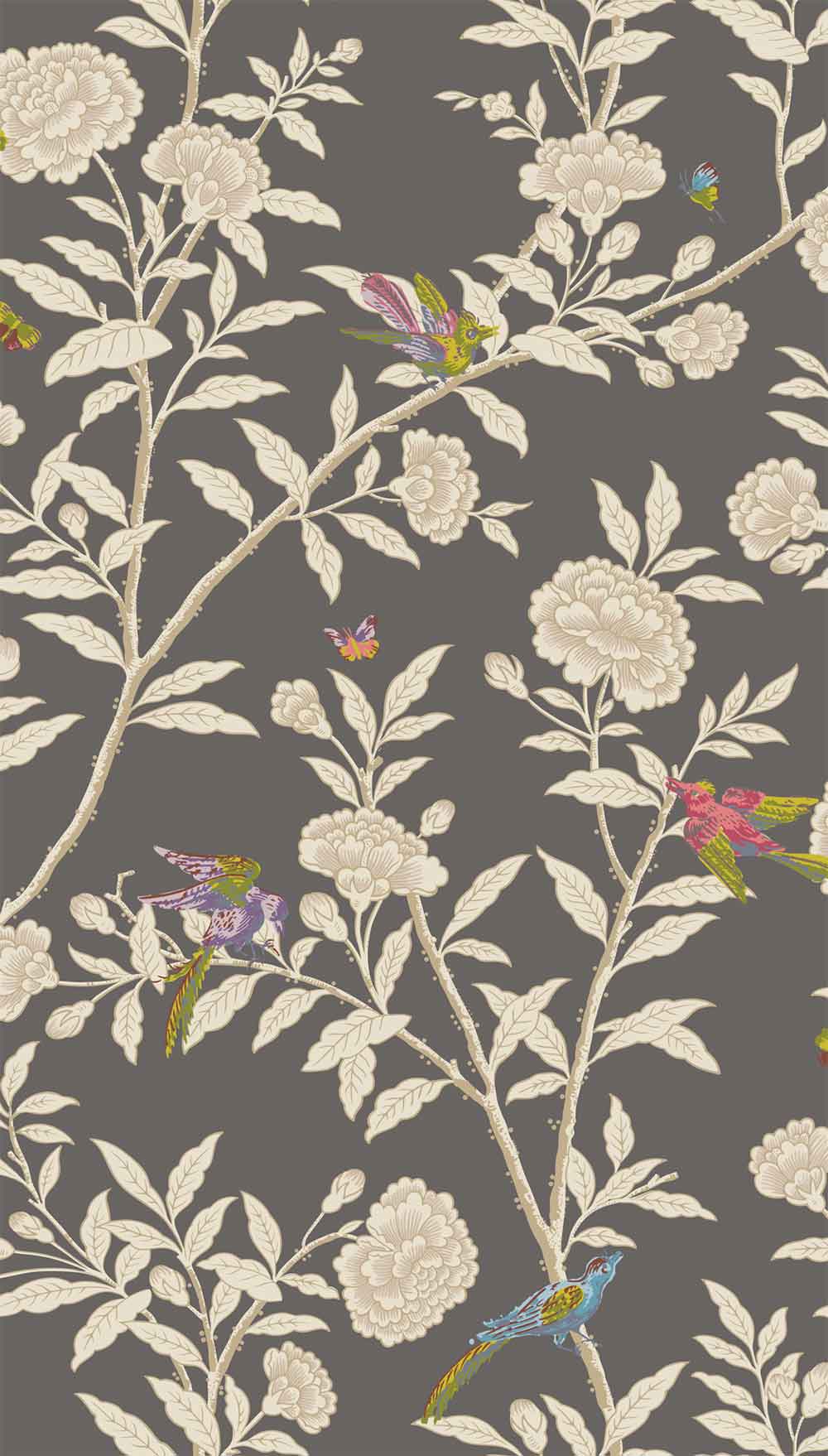Roseberry With Birds Soft Charcoal Wallpaper