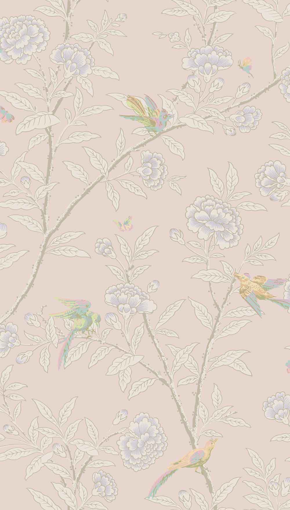 Roseberry With Birds Shell Pink Wallpaper