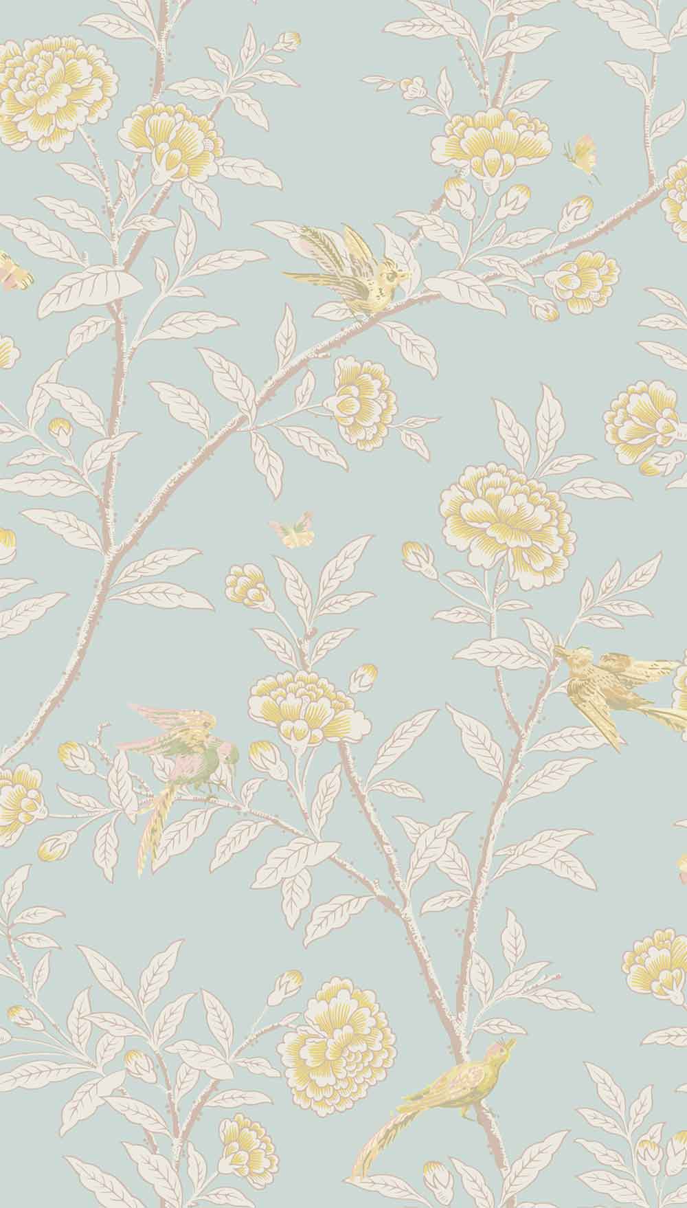 Roseberry With Birds Powder Blue Wallpaper