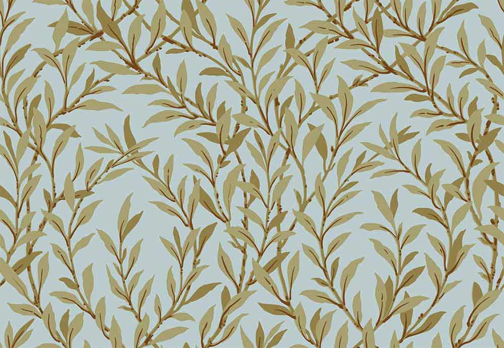 Willow Branch Olive on Teal Wallpaper