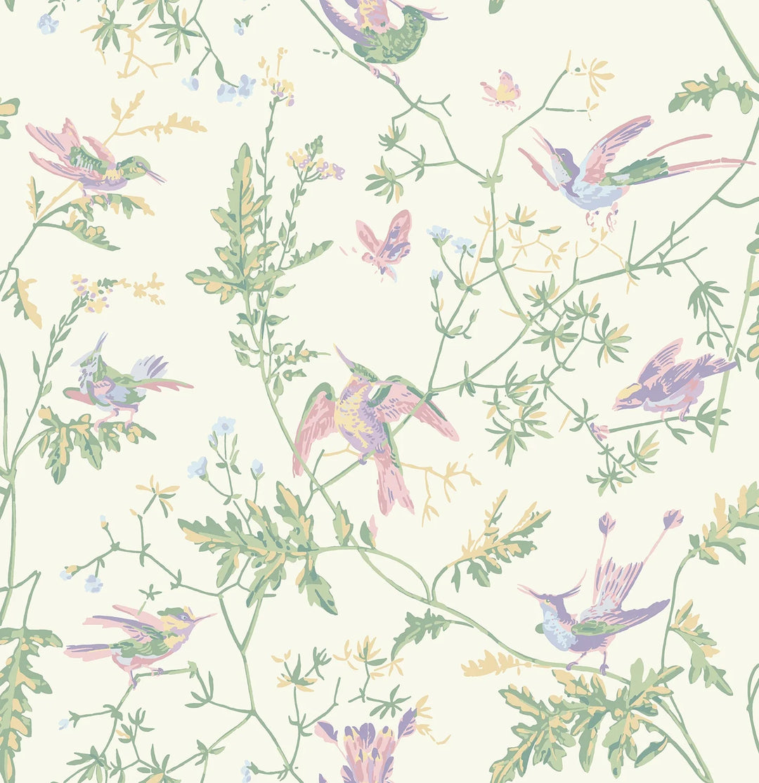 Hummingbirds Blush, Sage & Mulberry on Cream Wallpaper