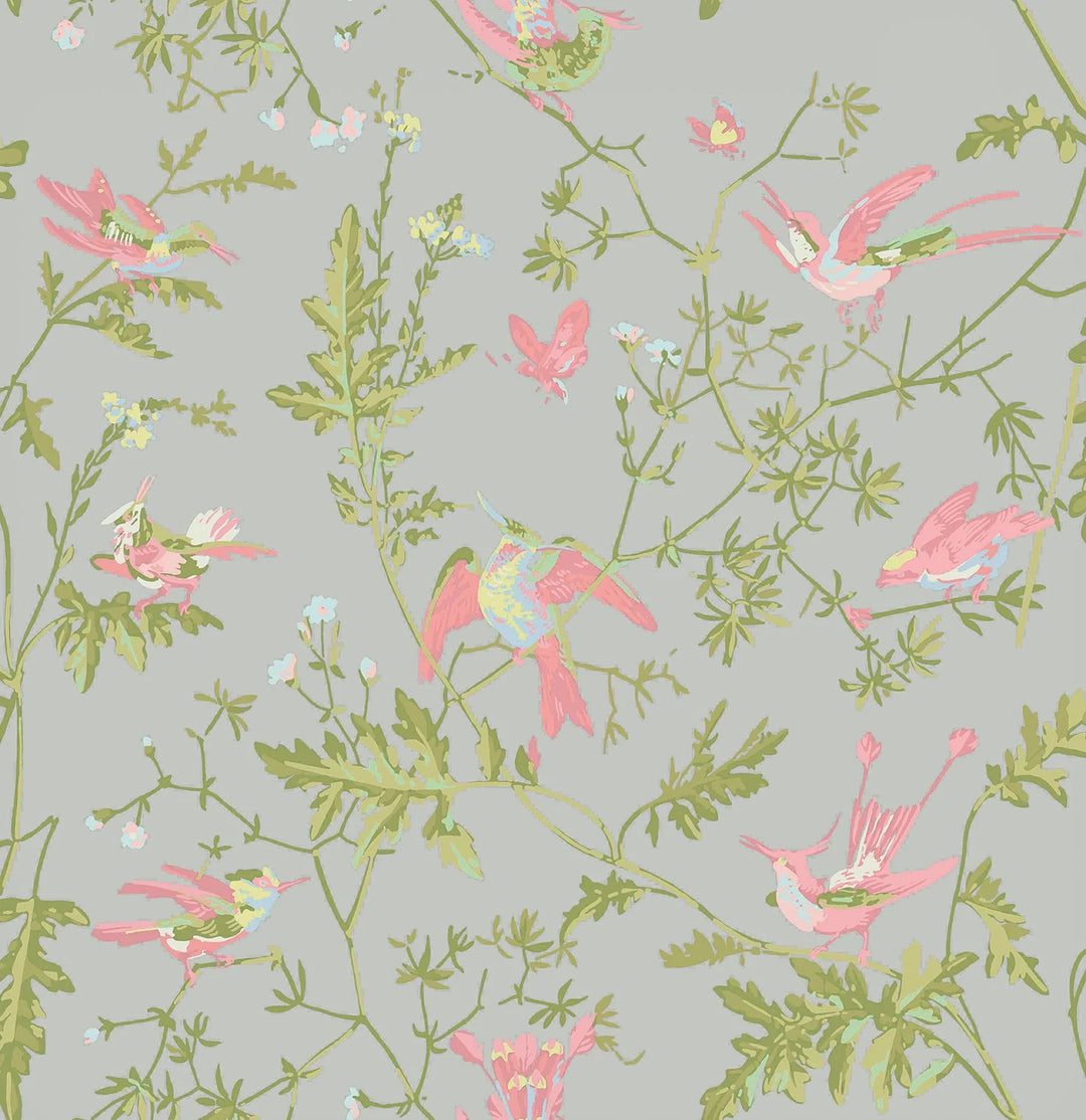 Hummingbirds Rose & Olive on Grey Wallpaper