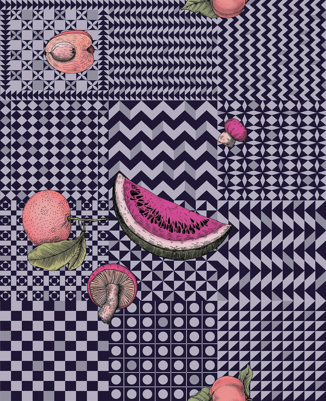 Cole & Son Frutta e Geometrico Wallpaper | Magenta & Ink | 123/6028