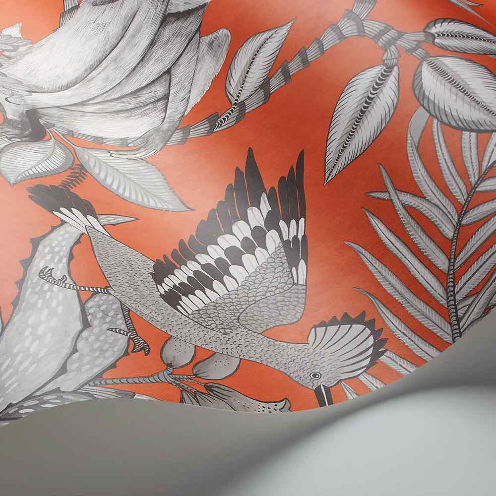 Cole & Son Savuti Wallpaper display unrolled to view the botanical pattern in striking tangerine