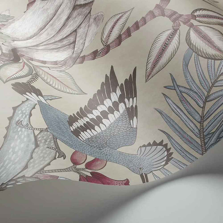 Cole & Son Savuti Wallpaper display unrolled to view the botanical pattern in striking dove & powder blue