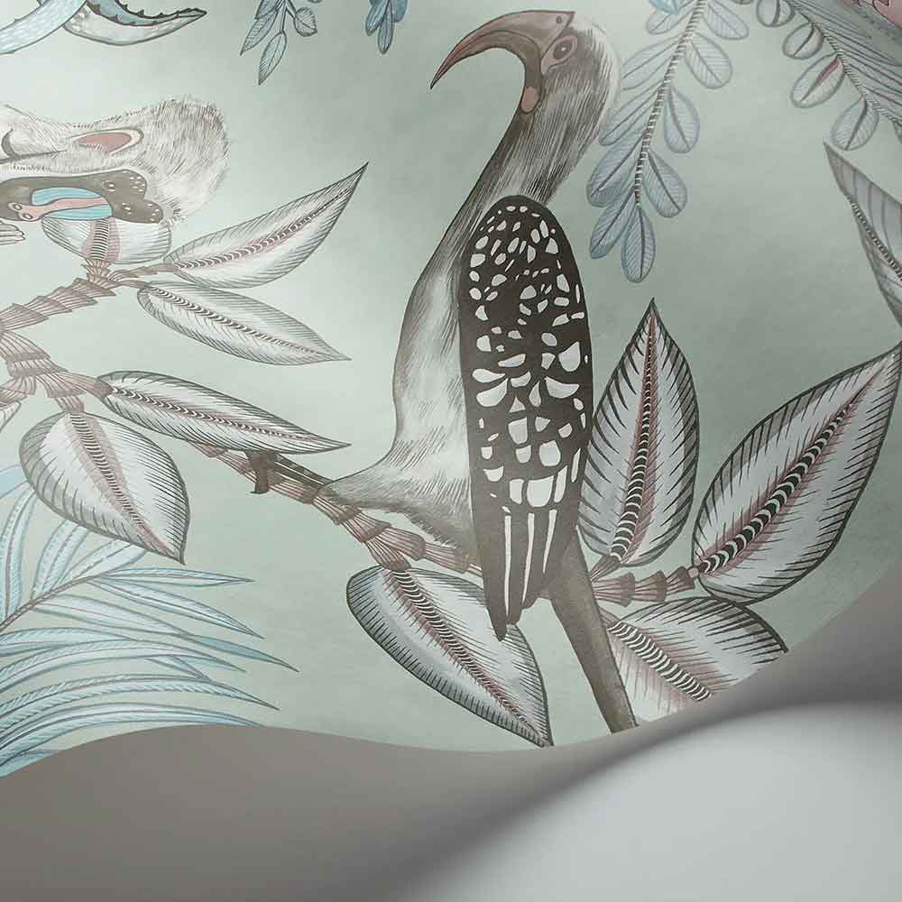 Cole & Son Savuti Wallpaper display unrolled to view the botanical pattern in striking blush & sky on duck egg