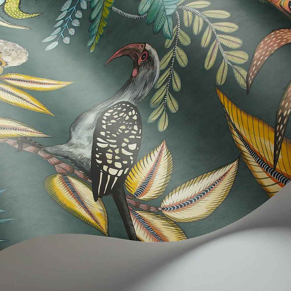 Cole & Son Savuti Wallpaper display unrolled to view the botanical pattern in striking dark viridian