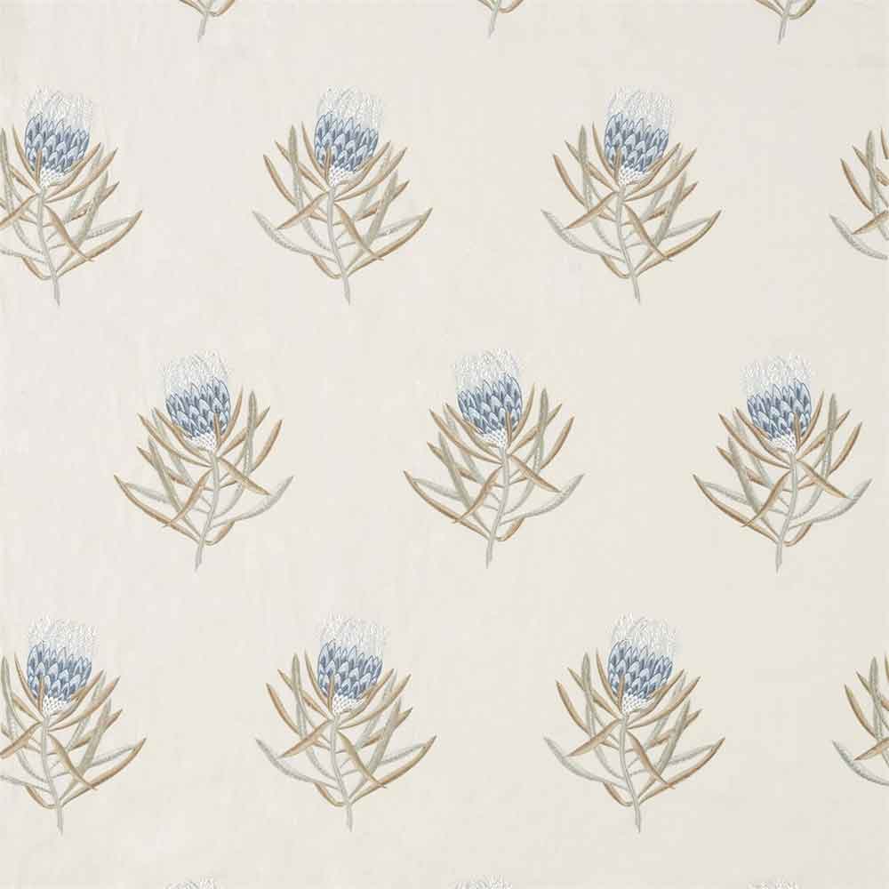 Protea Flower China Blue & Linen Fabric