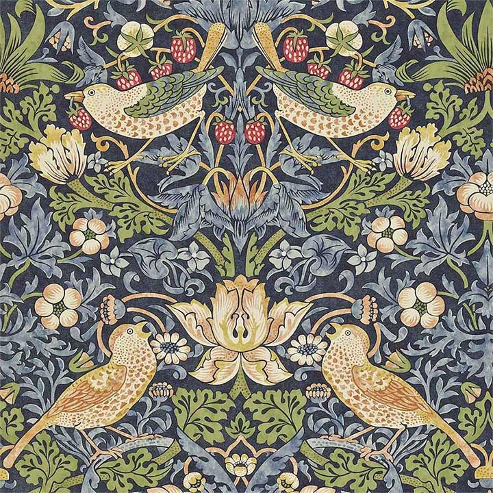 Morris & Co Strawberry Thief Wallpaper | Indigo | DARW212564 | Morris’s iconic botanical original hand printed wallpaper