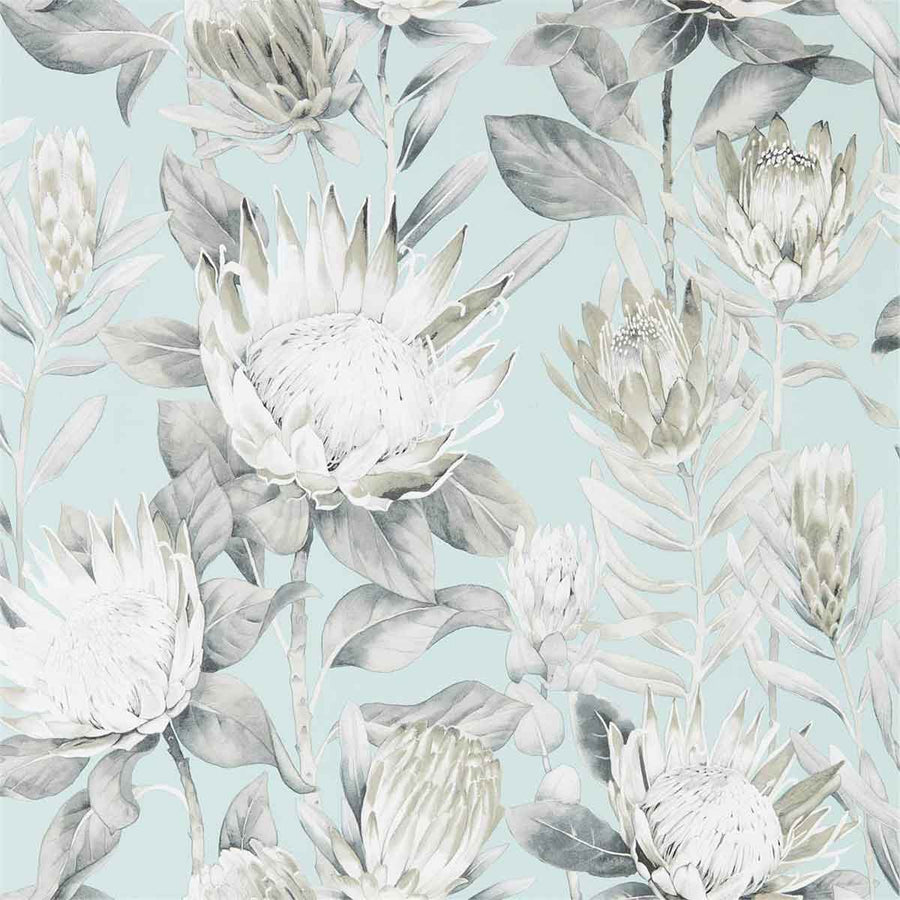 King Protea Aqua & Linen Wallpaper by Sanderson - 216645 | Modern 2 Interiors