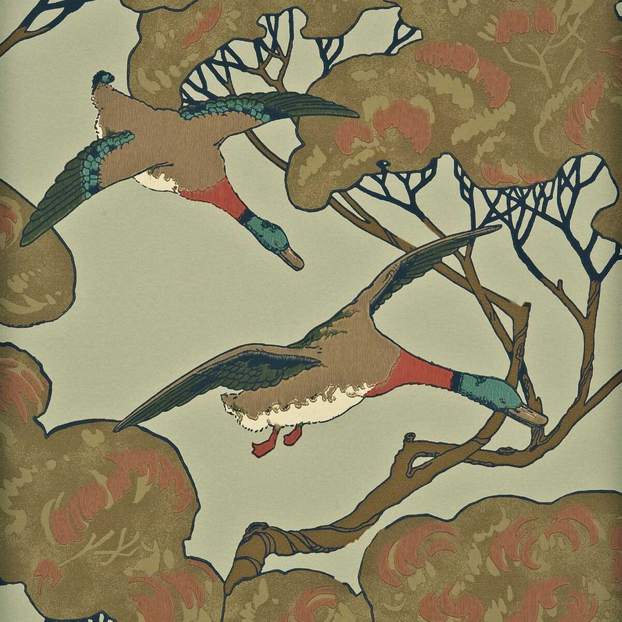 Mulberry Home Flying Ducks Wallpaper | Sky & Moss | FG066.H22