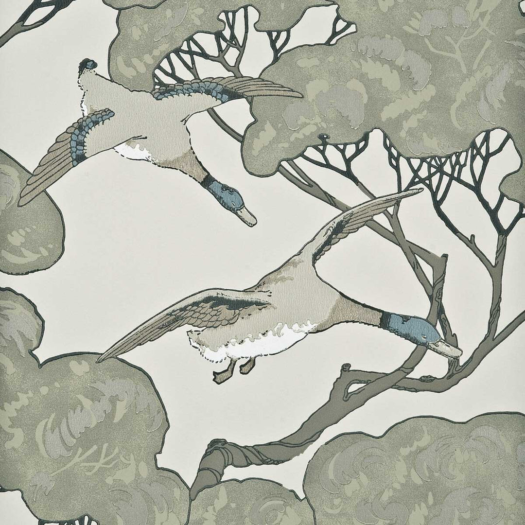 Mulberry Home Flying Ducks Wallpaper | Silver & Taupe | FG066.J80