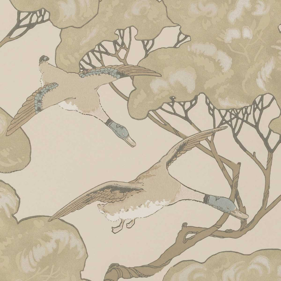 Mulberry Home Flying Ducks Wallpaper | Silver & Taupe | FG090.J80