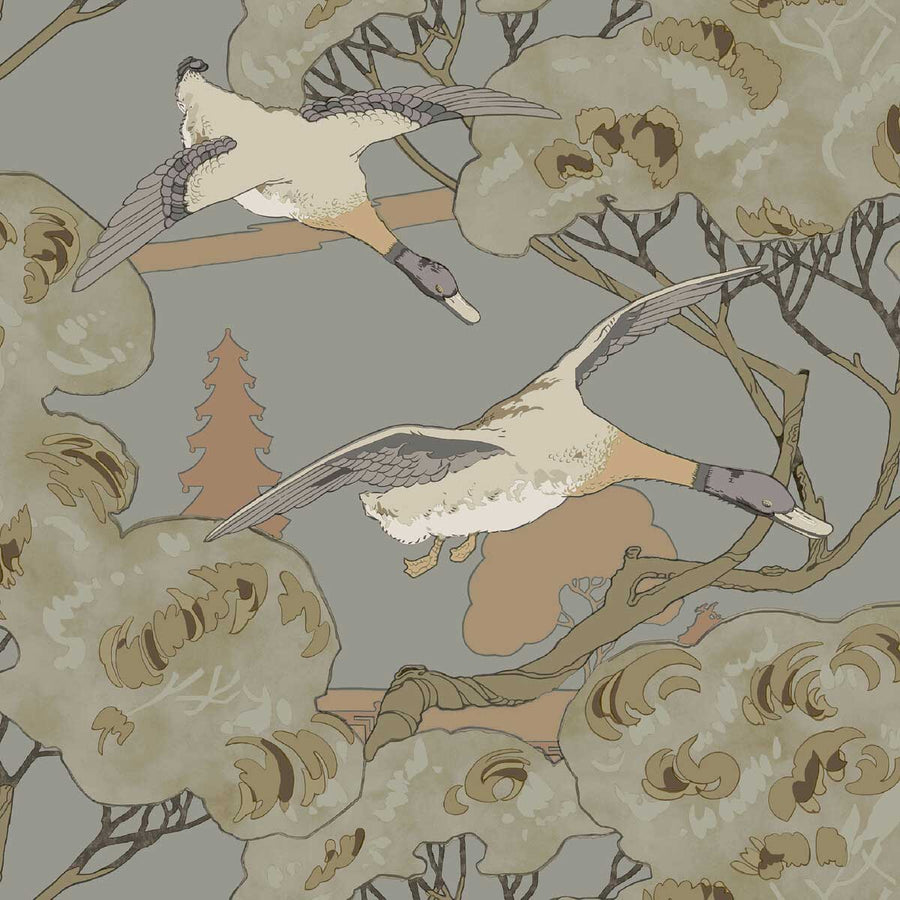 Mulberry Home Grand Flying Ducks Wallpaper | Grey & Blue | FG102.A116