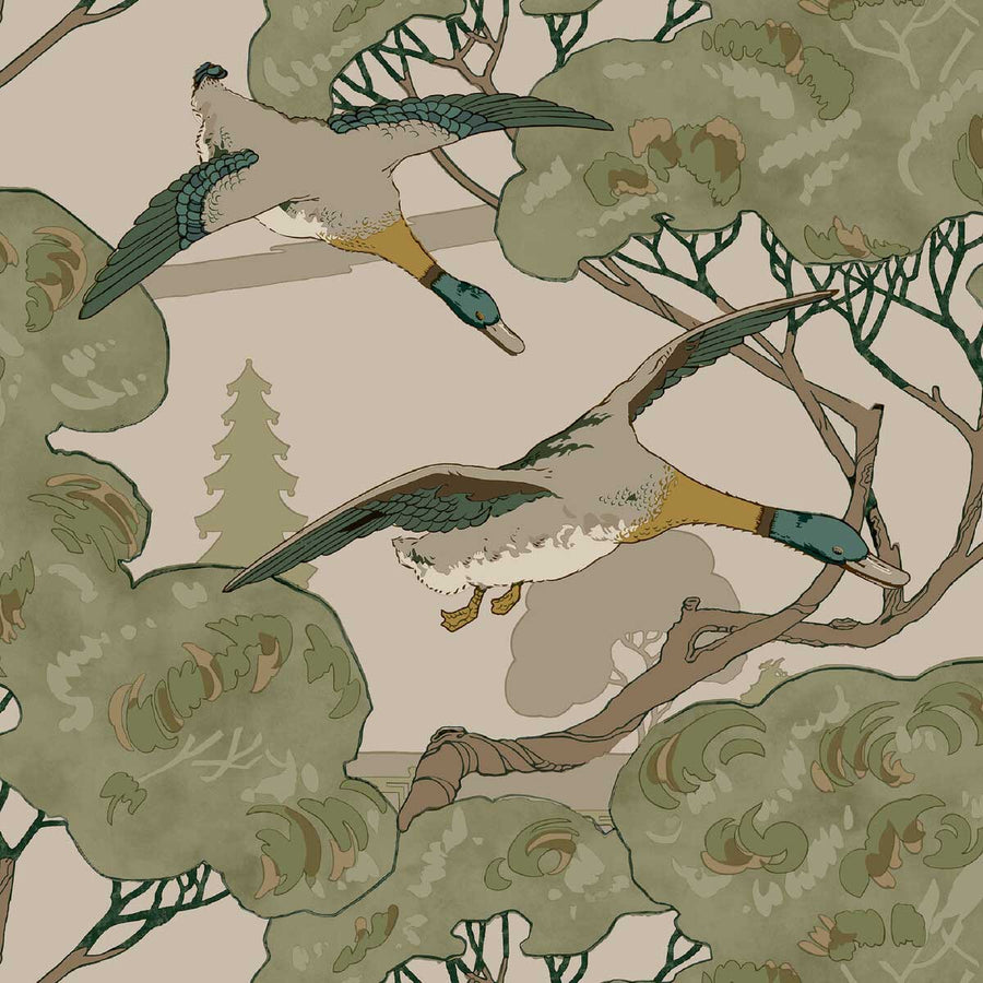 Mulberry Home Grand Flying Ducks Wallpaper | Emerald | FG102.S16